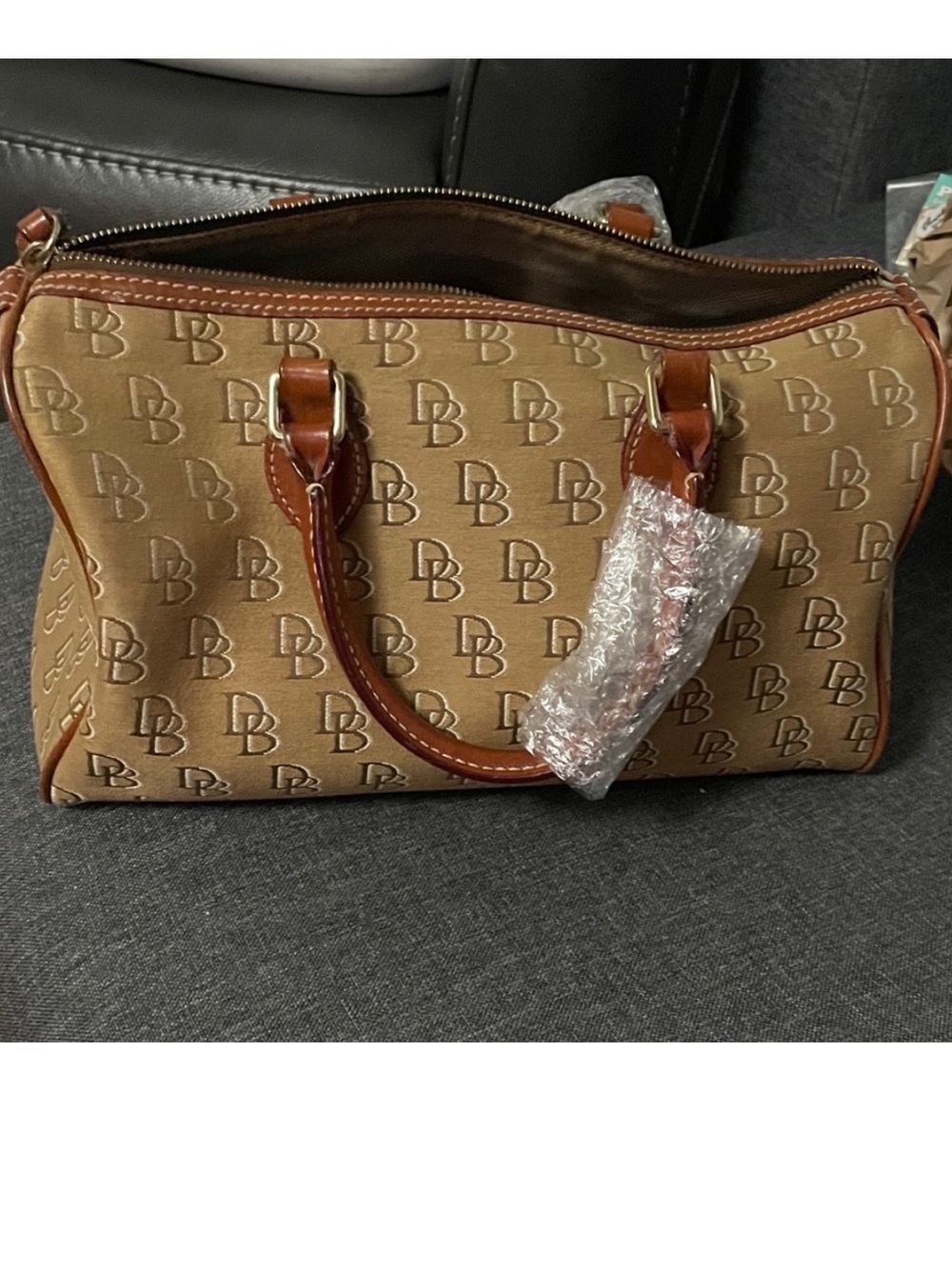 Dooney & Bourke Signature Mongram Canvas Satchel Tan Leather Shoulder Bag NWOT